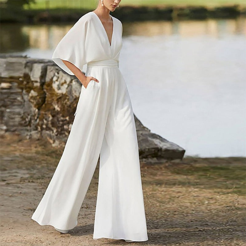 Jumpsuit deep V-high waist wide leg long pants women's dress - Mammalook