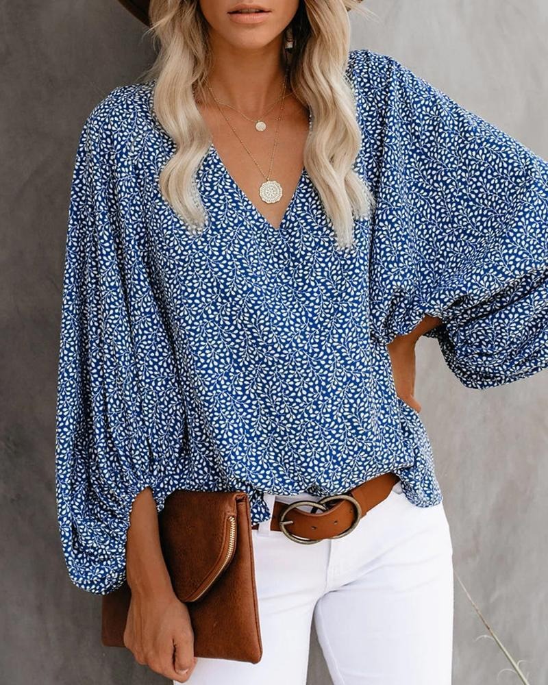 New autumn V-neck casual shirt with printed lantern sleeves for women's clothing - Mammalook