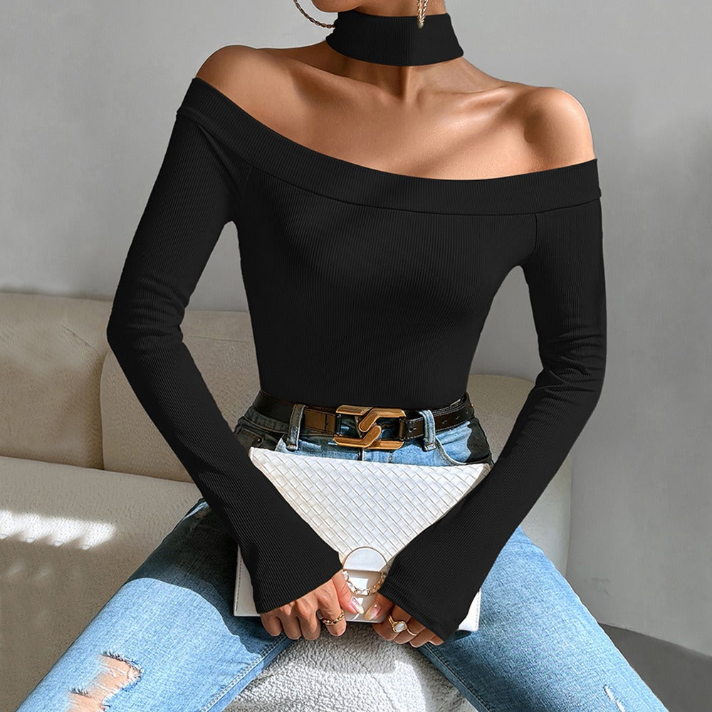 Off shoulder slim knit long sleeved t-shirt with versatile temperament top - Mammalook