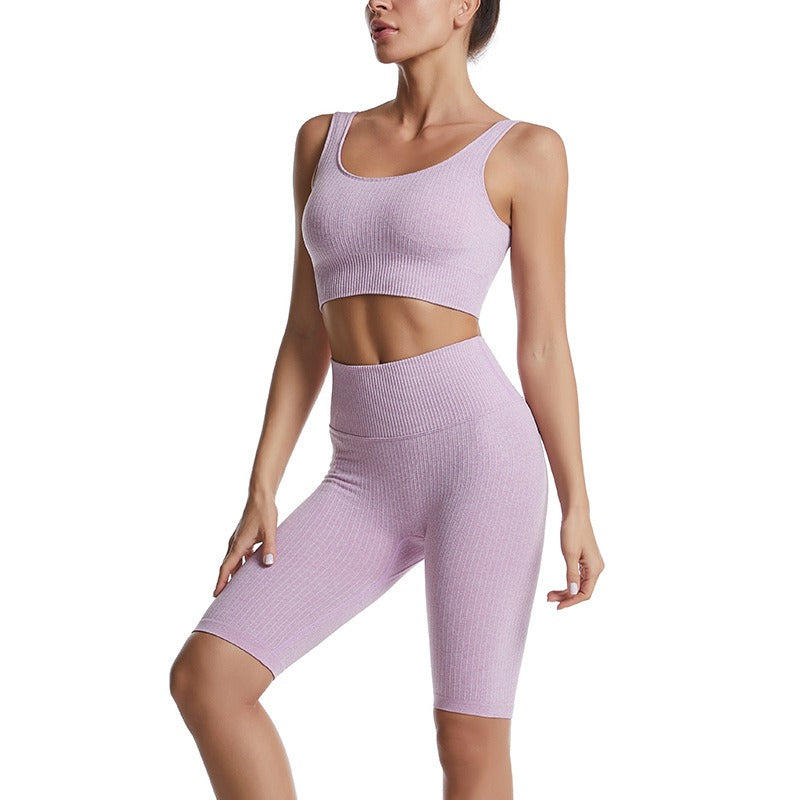 Threaded Yoga Suit Sportswear Summer Short-Sleeved Shorts Bra Tight-Fitting Clothes - Mammalook