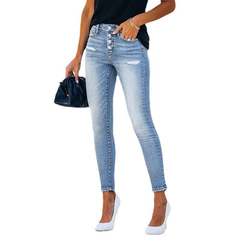 Trend Blue Hight Waist Casual Ripped Streetwear Pant Jeans Women - Mammalook