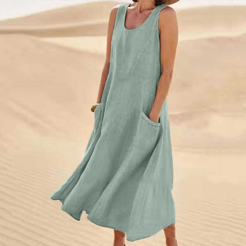 Pocket sleeveless round neck women's cotton and linen dress - Mammalook
