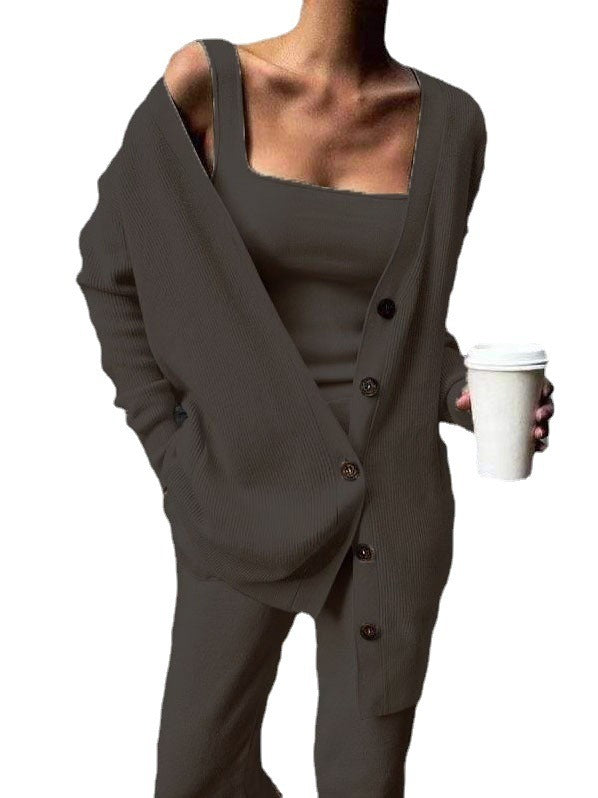 Solid color knitted jacket three piece set - Mammalook