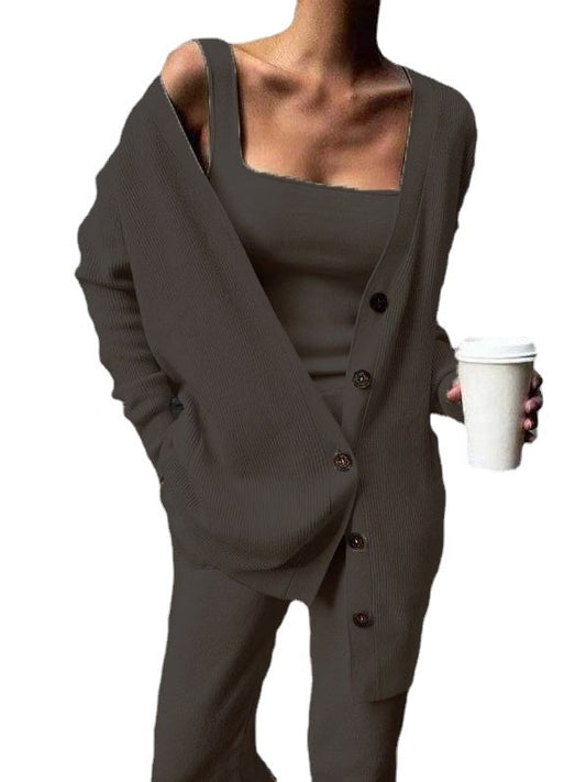 Solid color knitted jacket three piece set - Mammalook