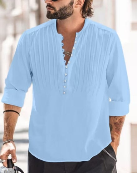 Cotton and Linen Mens Casual Button Round Neck Solid Standing Collar Shirt - Mammalook