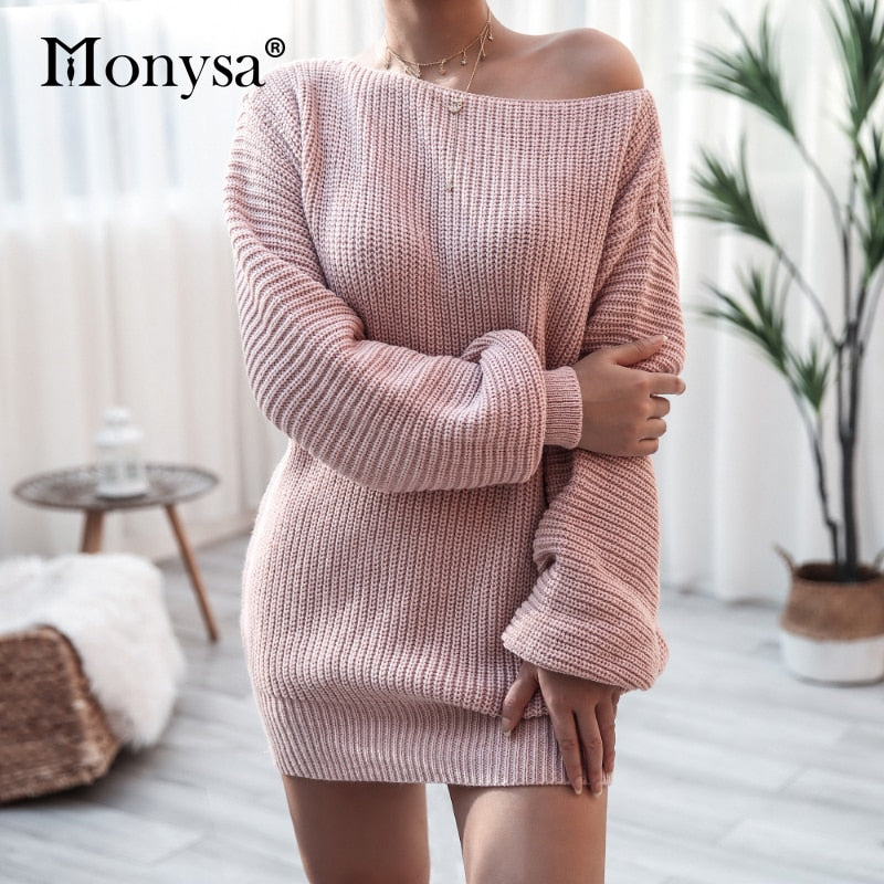Off Shoulder Knitted Sweater Dresses For Women Autumn Winter Lantern Long Sleeve Dress Ladies Casual Dress White Black - Mammalook