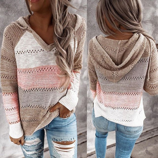 Autumn Winter Sweaters Women Hollow Long Sleeve Sweater Hoodie Tops V Neck Patchwork Casual Knitted Elegant Pullover Jumper - Mammalook