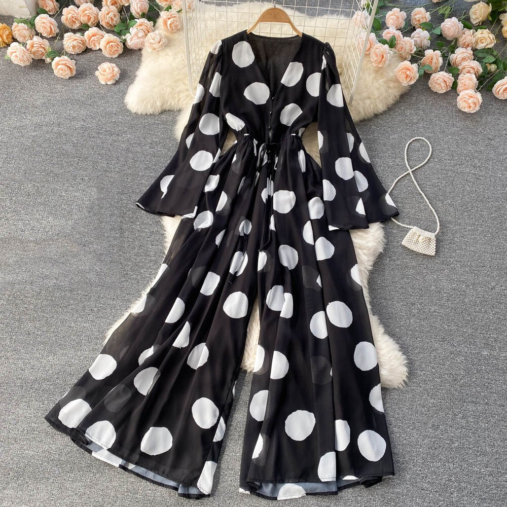Tingfly Women France Chi Polka Dot Print Bohemian Casual Wide Leg Trousers Jumpsuits Chiffon Summer Boho Beach Style Overalls - Mammalook