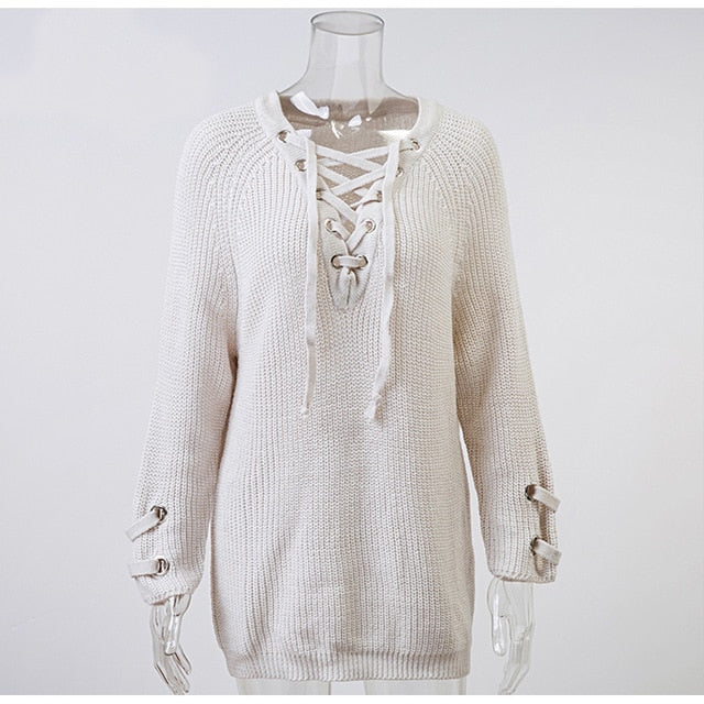 Conmoto Solid White Casual Sweater Lace Up Women Sweater Long Sleeve Autumn Winter Sweater Street Fashion - Mammalook