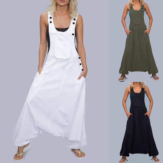 Womens Loose Jumpsuits Harem Pants Wide Leg Pants Sleeveless Pockets Bib Jumpsuit Siamese Trousers For Ladies Large Size S-2XL - Mammalook