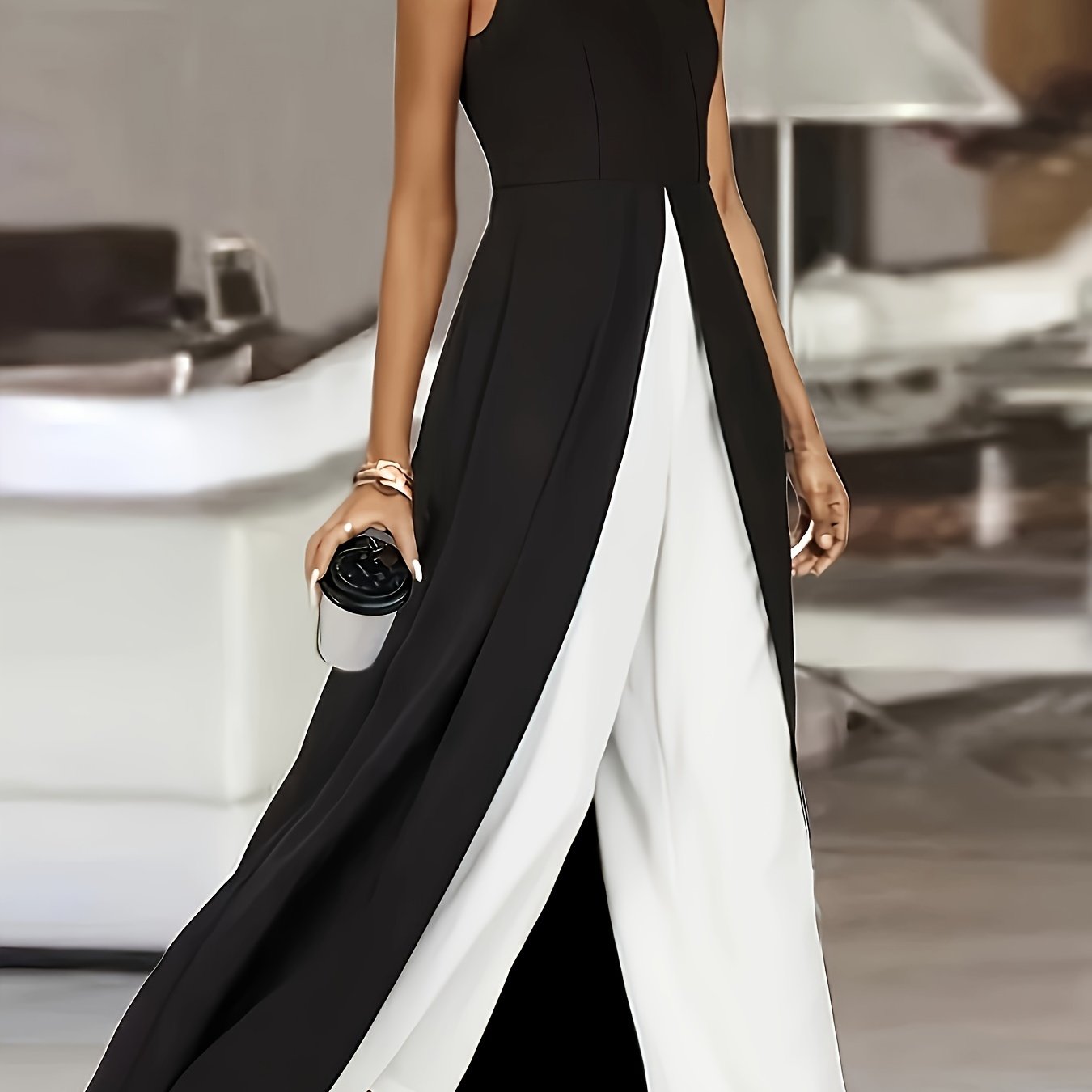 Color Block Crew Neck Jumpsuit, Elegant Sleeveless Wide Leg Jumpsuit For Spring & Summer, Women's Clothing - Mammalook