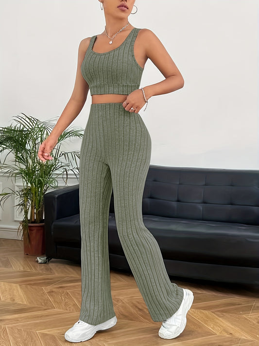 Ribbed Casual Two-piece Set, Crop Tank Top & High Waist Pants Outfits, Women's Clothing - Mammalook