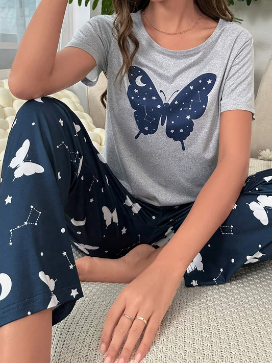 Women's Butterfly & Constellation Print Casual Pajama Set, Short Sleeve Round Neck Top & Pants, Comfortable Relaxed Fit - Mammalook