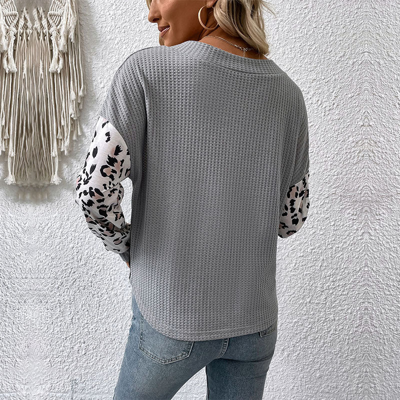 New Casual Fashion Top Long Sleeve V-Neck Leopard Print Contrast Knit Sweater - Mammalook