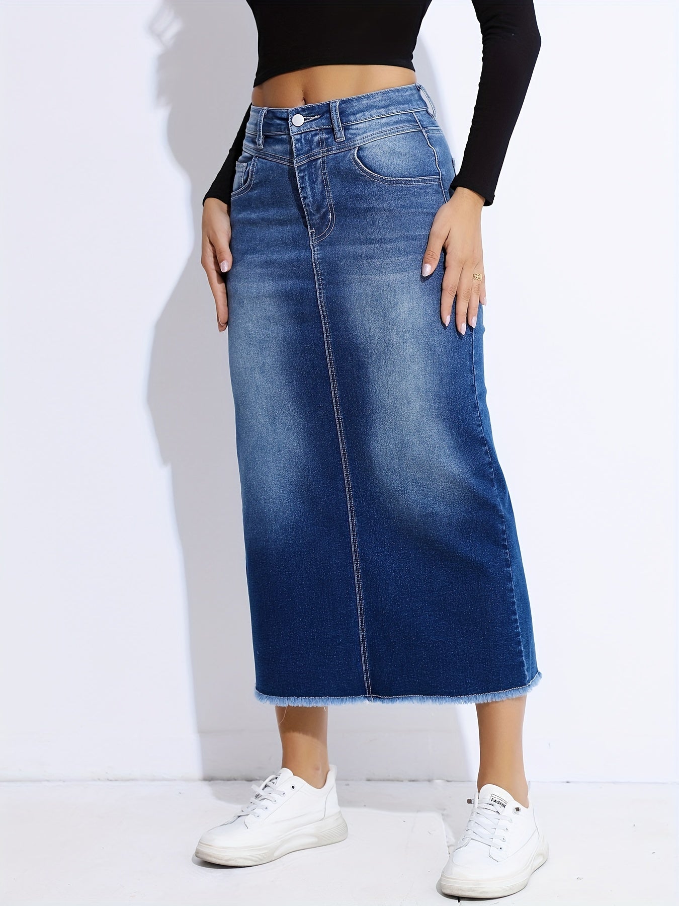 Blue Raw Hem Denim Skirt, High-Stretch Slant Pockets Split Back Denim Midi Skirt, Women's Denim Clothing - Mammalook