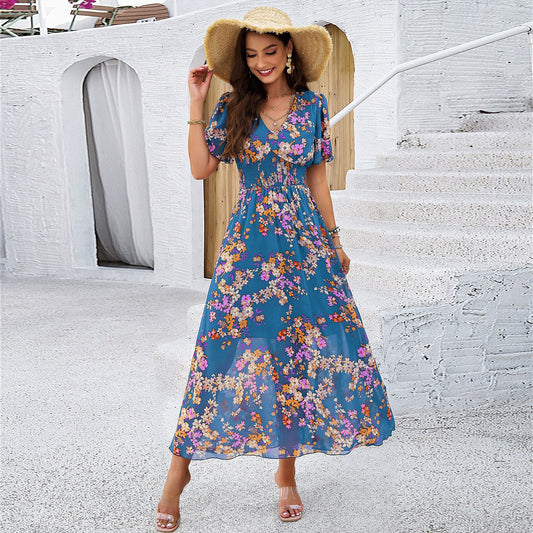 Women's spring/summer style print waist short sleeve dress - Mammalook