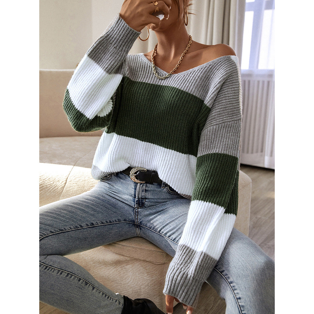 V-Neck Striped Sweater for Women - Mammalook