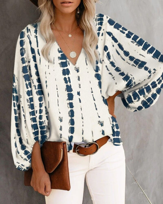 New autumn V-neck casual shirt with printed lantern sleeves for women's clothing - Mammalook