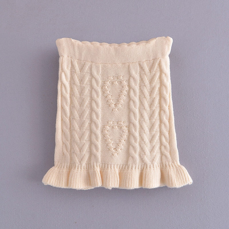 Knitted Twist Puff Long Sleeve Pullover Sweater with Ruffles Hem and High Waist Mini Skirt - Mammalook