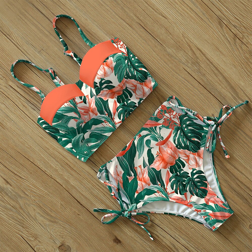 High Waist Swimwear New Leaf Print Bikinis Women Swimsuit Vintage Retro Bathing Suit Halter Biquini Maillot de bain femme - Mammalook