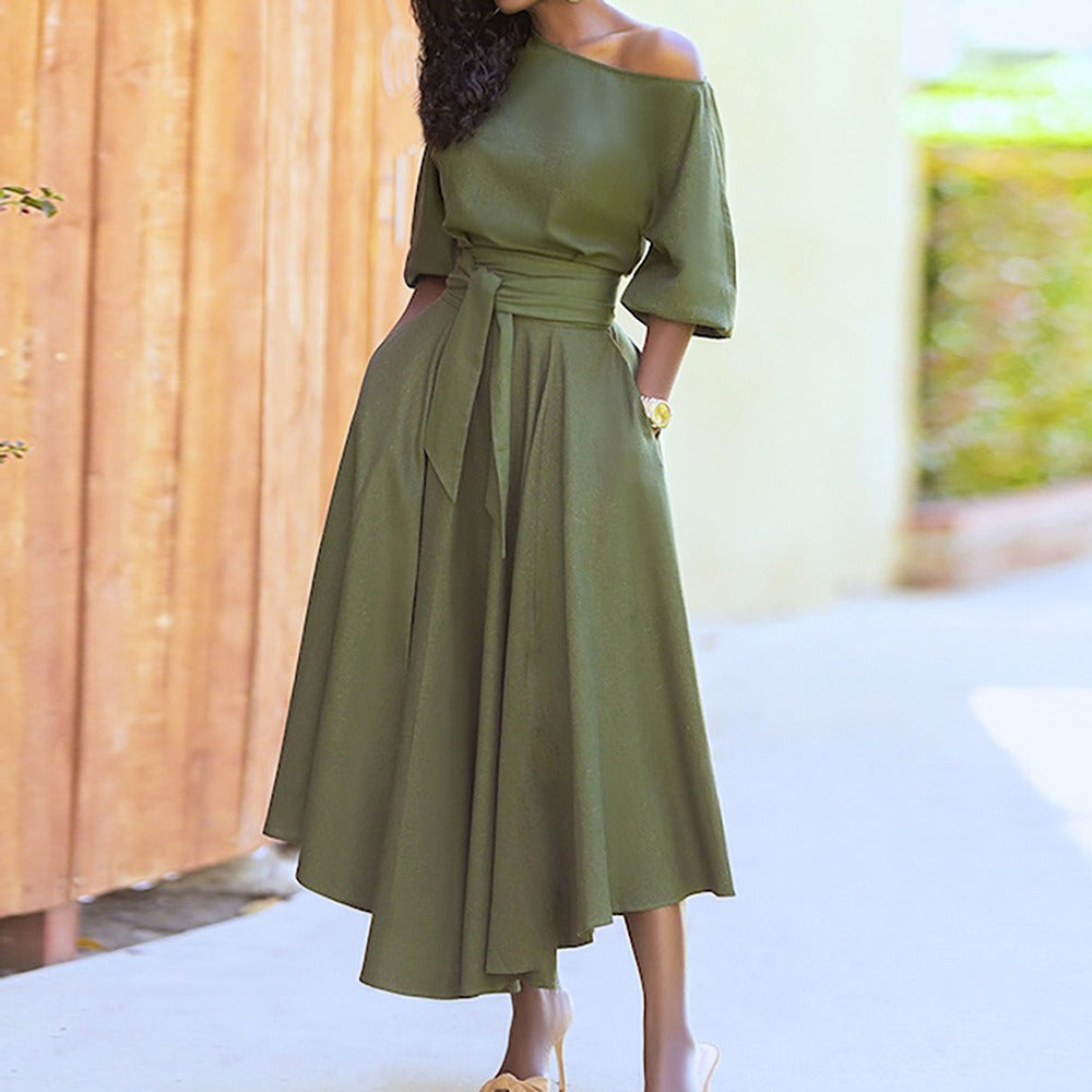 Fashionable solid color waistband slimming and sexy diagonal shoulder dress - Mammalook
