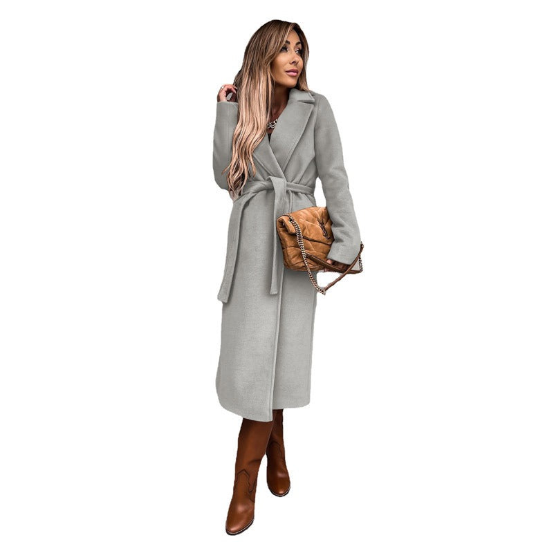 Women's Solid Color Lapel Long-Sleeved Woollen Jacket with Simple Strap Windbreaker - Mammalook