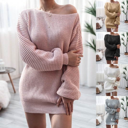 Off Shoulder Knitted Sweater Dresses For Women Autumn Winter Lantern Long Sleeve Dress Ladies Casual Dress White Black - Mammalook