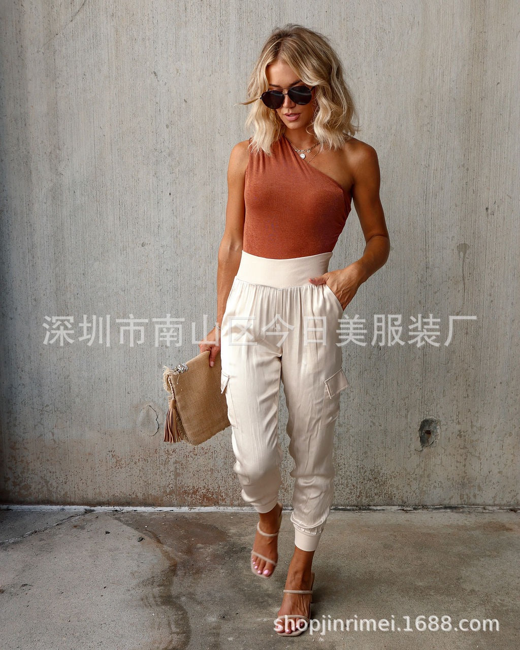 Autumn satin elastic waist pocket fashionable women's long pants casual pants - Mammalook