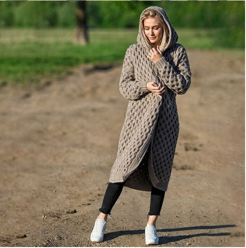 New Solid Color Women's Long Knitted Sweater Hooded Cardigan Coat - Mammalook