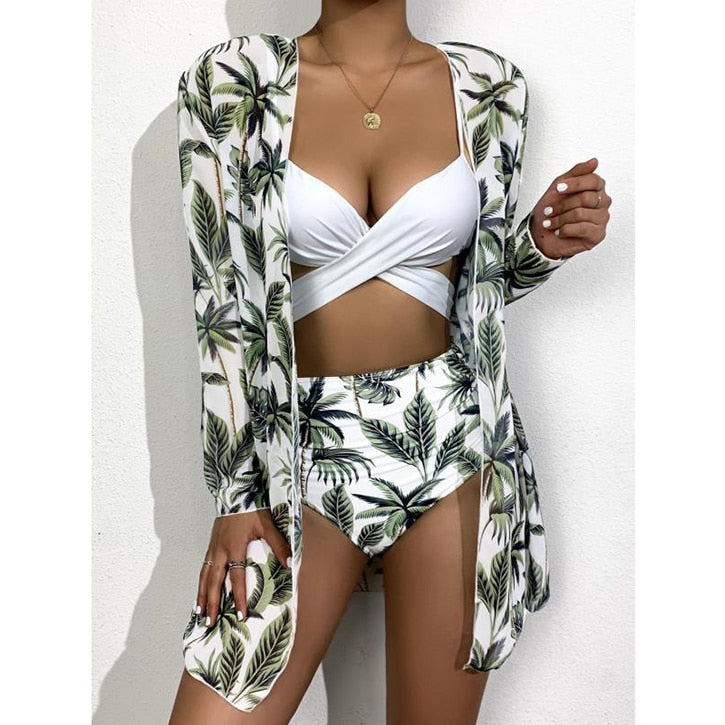 New Sexy Three Pieces Bikini Set Cover Up Swimwear Women Swimsuit Print Long Sleeve Bathing Suit Beachwear Swimming Biquini - Mammalook
