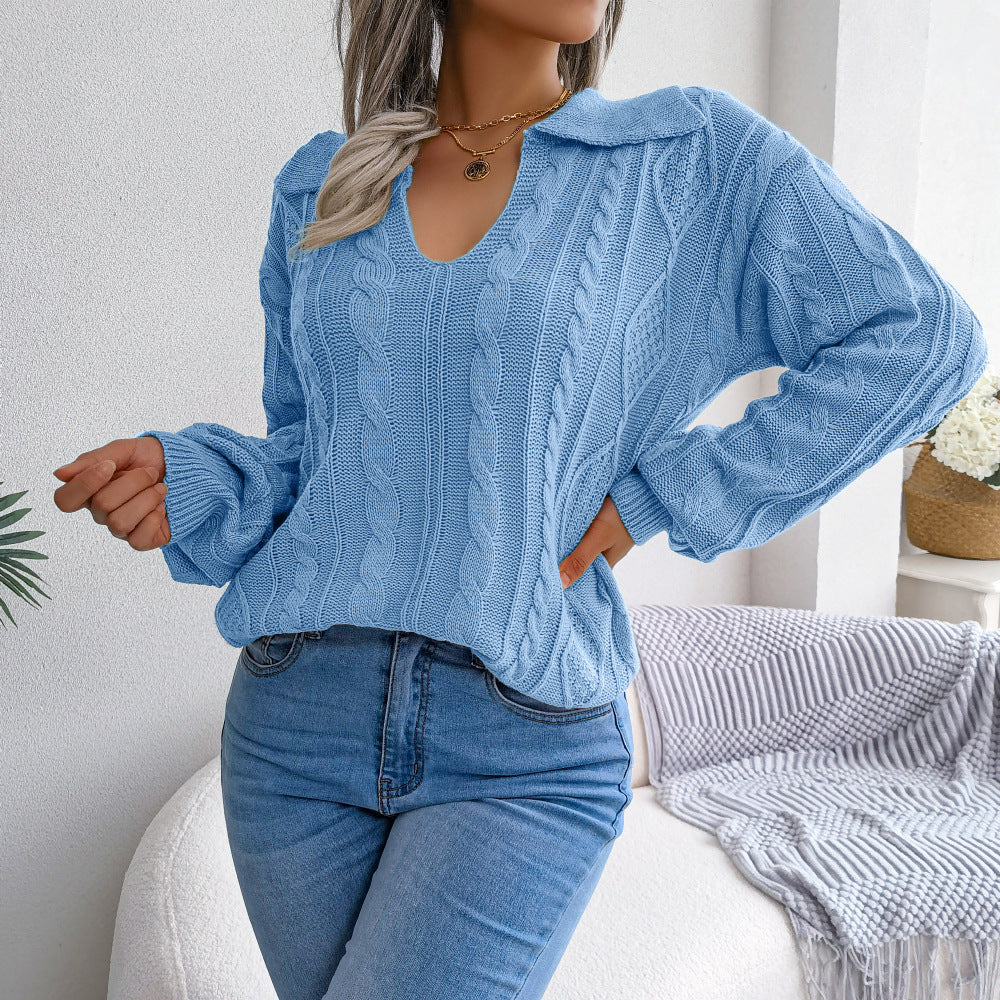 Casual Lapel Knitting Sweater with Fried Dough Twist and Lantern Sleeves - Mammalook