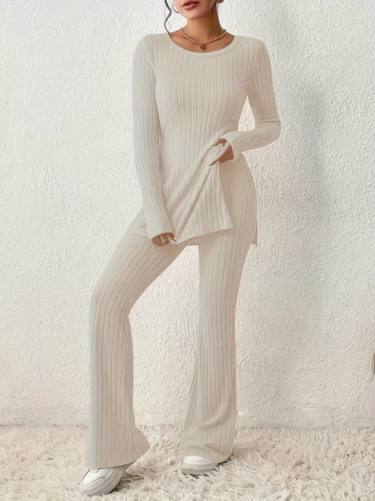 Ribbed Solid Two-piece Set, Split Crew Neck Long Sleeve Tops & Flared Leg Pants Outfits, Women's Clothing - Mammalook
