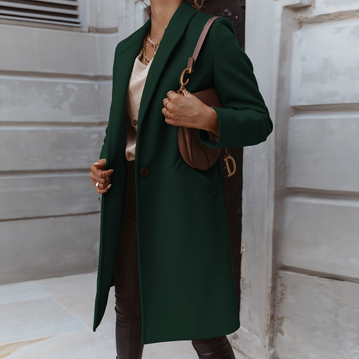 New autumn and winter women's solid color lapel mid length button down woolen coat jacket - Mammalook