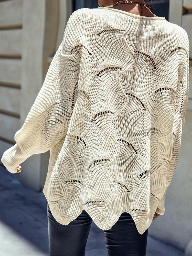 Women's Solid Color Crochet Knit Sweater Round Neck Solid Color Long Sleeve Pullover Sweater - Mammalook