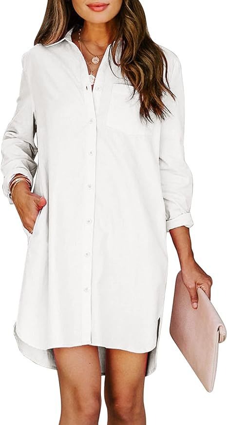 Women's button up shirt dress with pockets, cotton button up waist tied long sleeved solid color high and low shirt - Mammalook