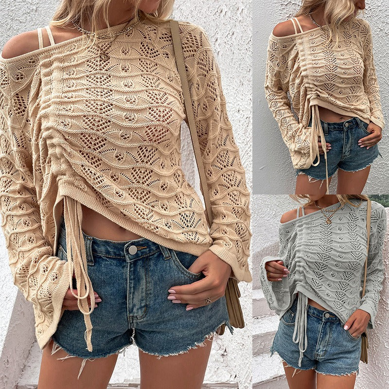 Maomao Rain Spring/Summer New Sweater Women's Solid Color Hollow Drawstring T-Shirt Top - Mammalook