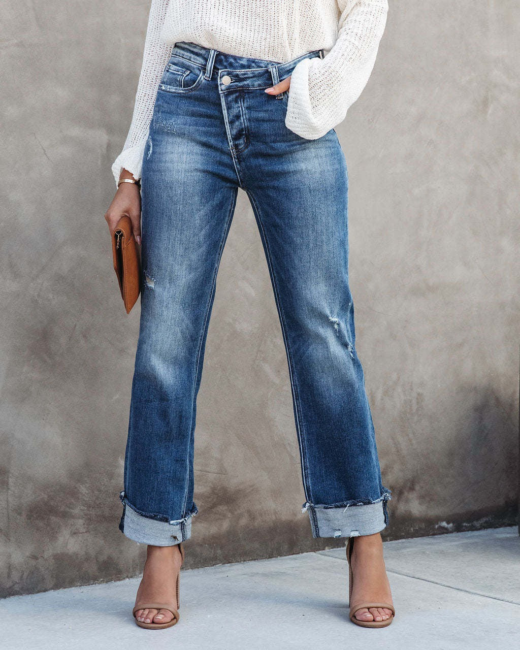 High Waist Button Splicing Straight Jeans Women Fashion Urban Casual Commuter Denim Pants Ladies Broken Holes Trousers Washable - Mammalook