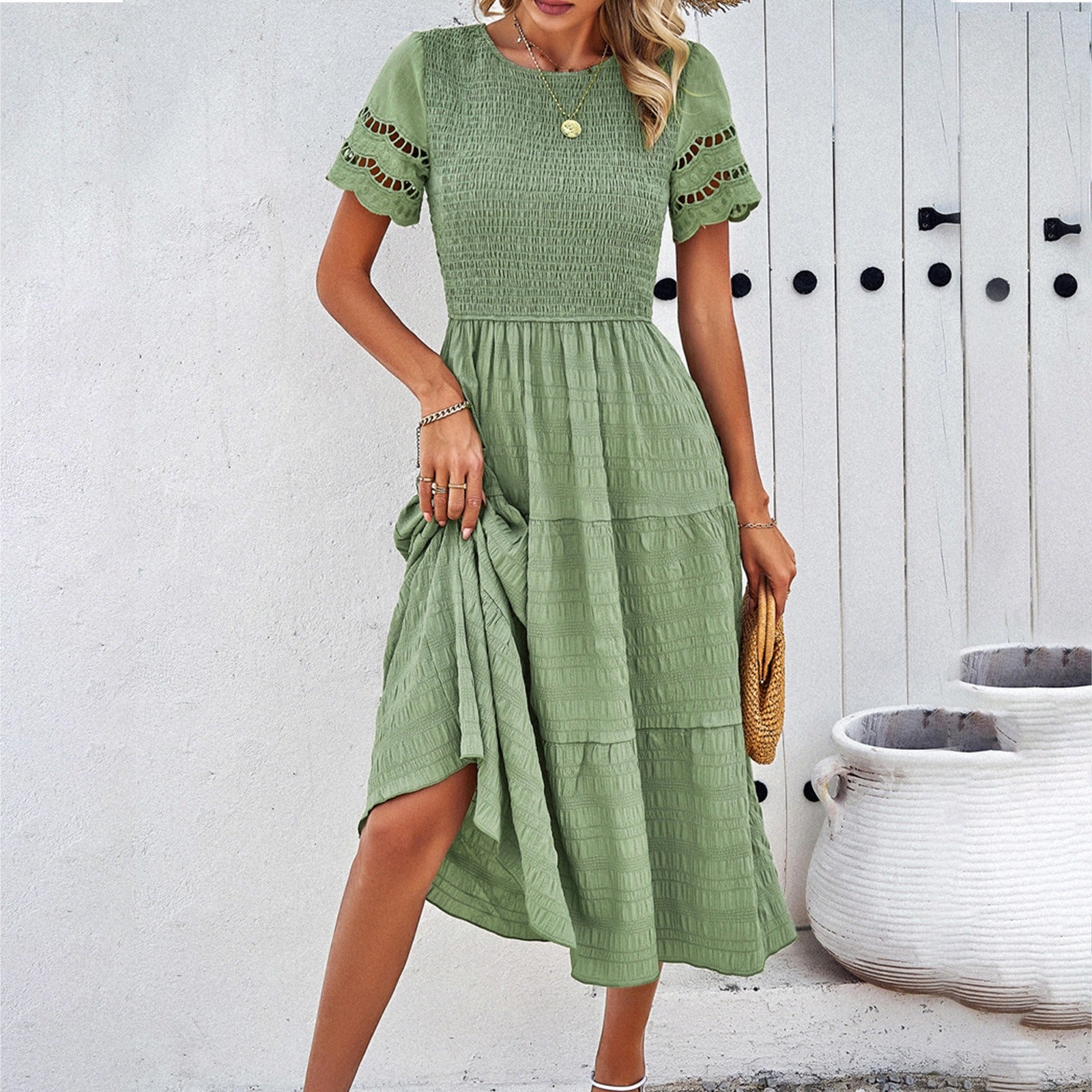 Spring and summer pure color temperament play sheath hollow dress - Mammalook
