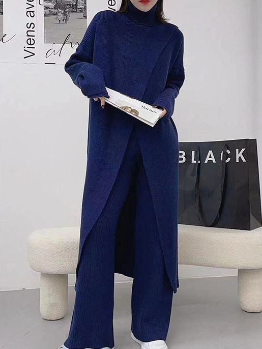 Blue Slit Long Knitting Dress Women Big Size New Turtleneck Long Sleeve Loose Fit Fashion - Mammalook