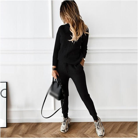 2-Piece High Collar Solid Color Sweater Set for Women - Mammalook