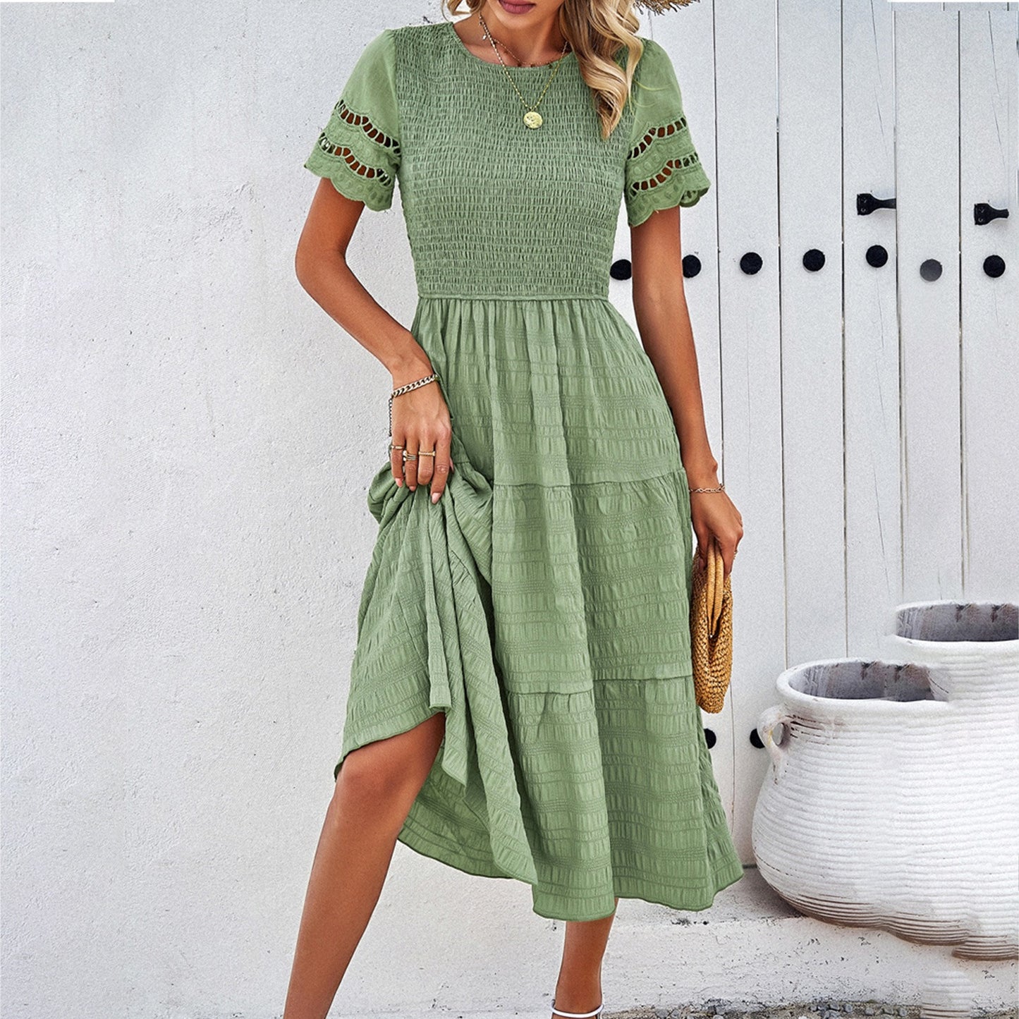 Spring and summer pure color temperament play sheath hollow dress - Mammalook