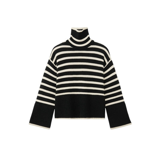 Versatile Knitting Turtleneck Striped Pullover Sweater For Women Long Sleeve Female Simplicity Clothing - Mammalook