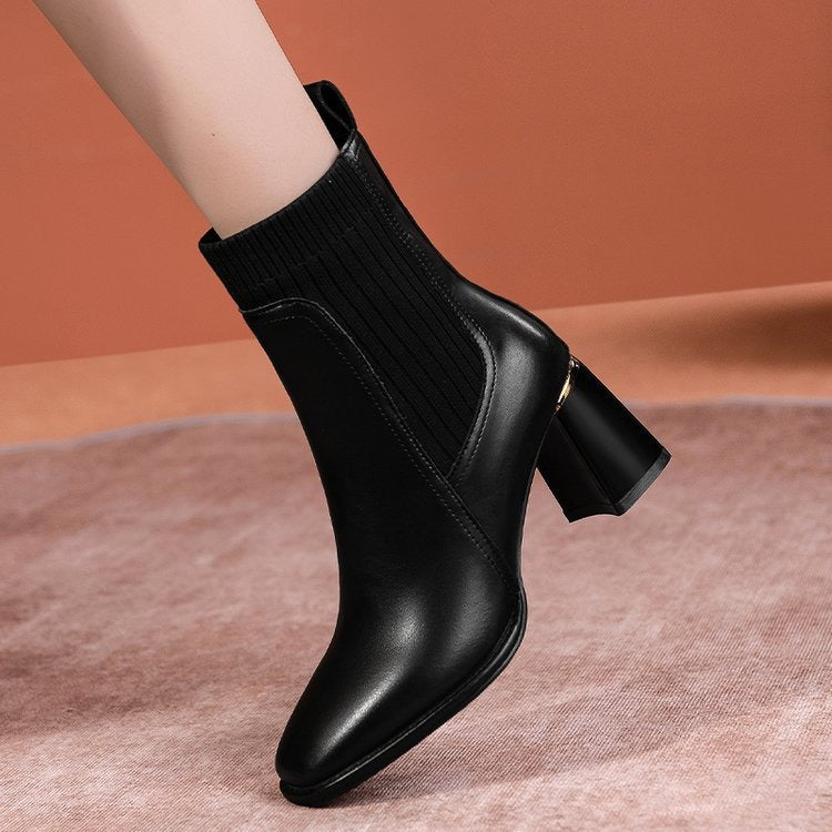 Spring, Autumn, and Winter New Women's Boots Thick Heel Square Head Short Boots Women's High Heel Knitted Woolen Socks Boots Elastic Martin Boots - Mammalook