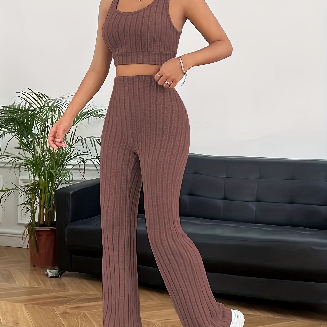 Ribbed Casual Two-piece Set, Crop Tank Top & High Waist Pants Outfits, Women's Clothing - Mammalook