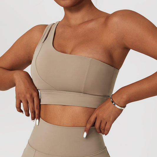 One Piece Rib One Shoulder Yoga Back Bra Elastic Shock Proof Sports Bra Women's Running Fitness Vest - Mammalook