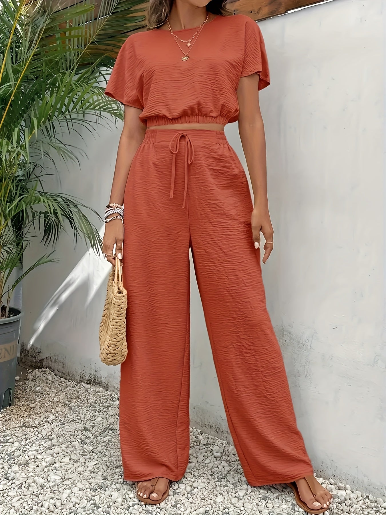 Solid Color Casual Pants Set, Crew Neck Short Sleeve Top & Tie Front Pants Outfits, Women's Clothing - Mammalook