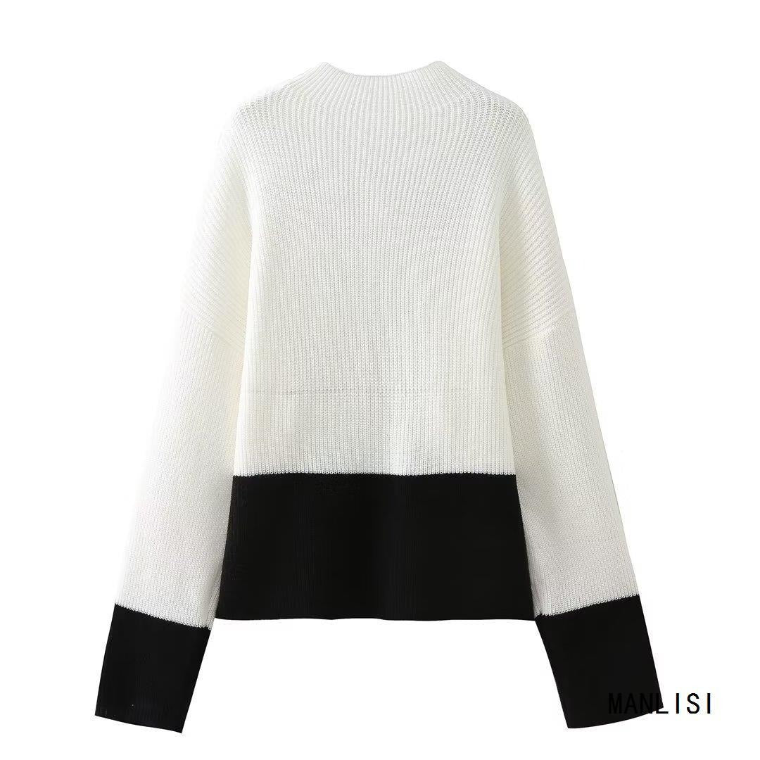 Women Knitted Patchwork Sweaters Slim Pullovers Mock Neck Long Sleeve Female Top - Mammalook