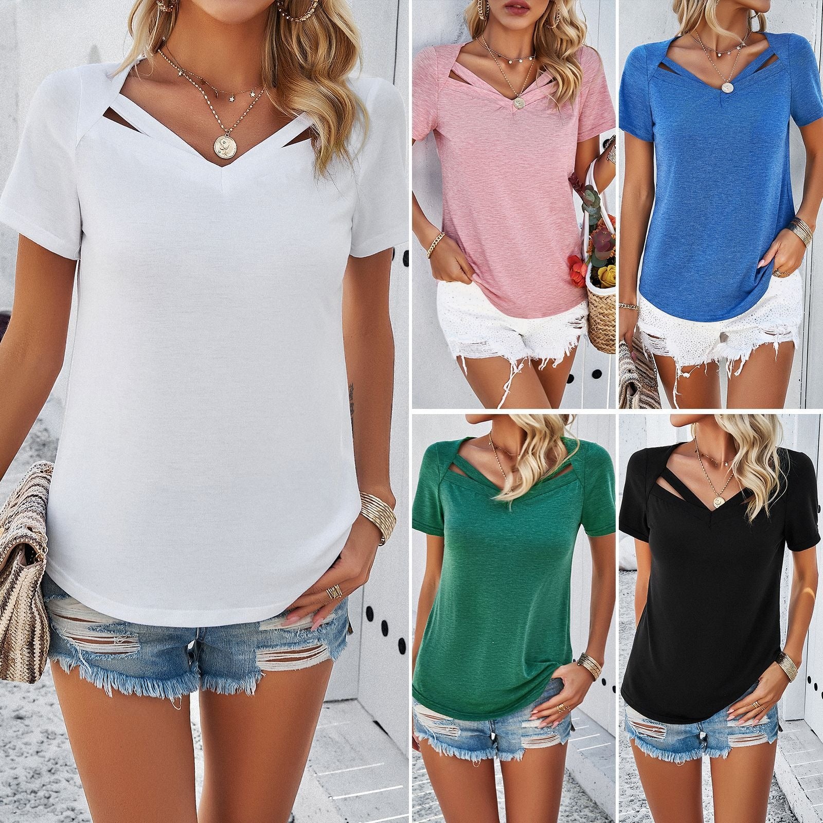 Women's spring summer casual solid color short-sleeved V-neck T-shirt - Mammalook