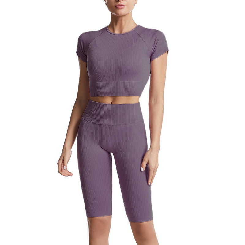 Threaded Yoga Suit Sportswear Summer Short-Sleeved Shorts Bra Tight-Fitting Clothes - Mammalook
