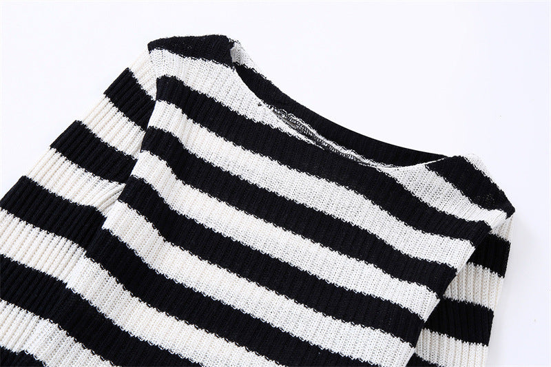 Autumn Women's Black And White Striped Top+Elastic Knitting Skirt Suit - Mammalook